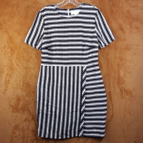 HUGO BOSS Womens Dress Size 10 Black Stripe Sheath Stretch Knit Knee Length - Picture 1 of 10